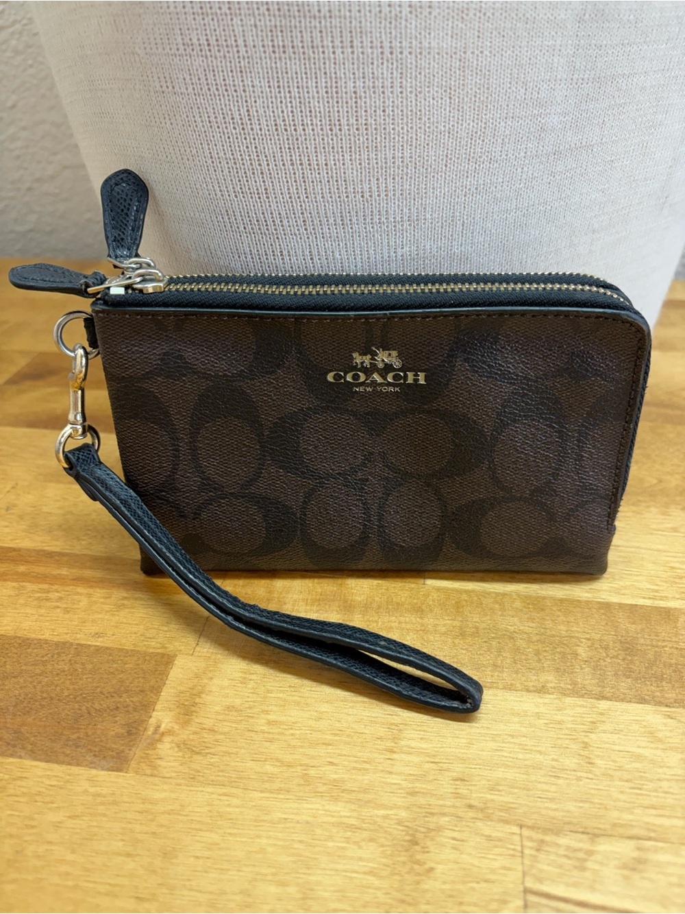 Coach Signature C Brown Canvas Double Zip Wristlet Wallet Clutch Purse - Picture 4 of 8